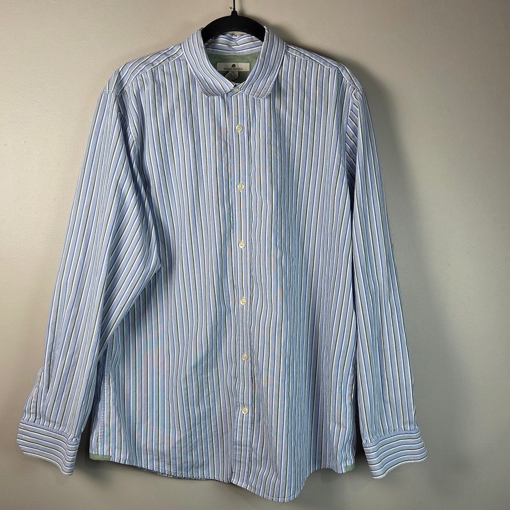 Banana Republic Button Down Mens L Blue Green Excellent Striped Organic Cotton